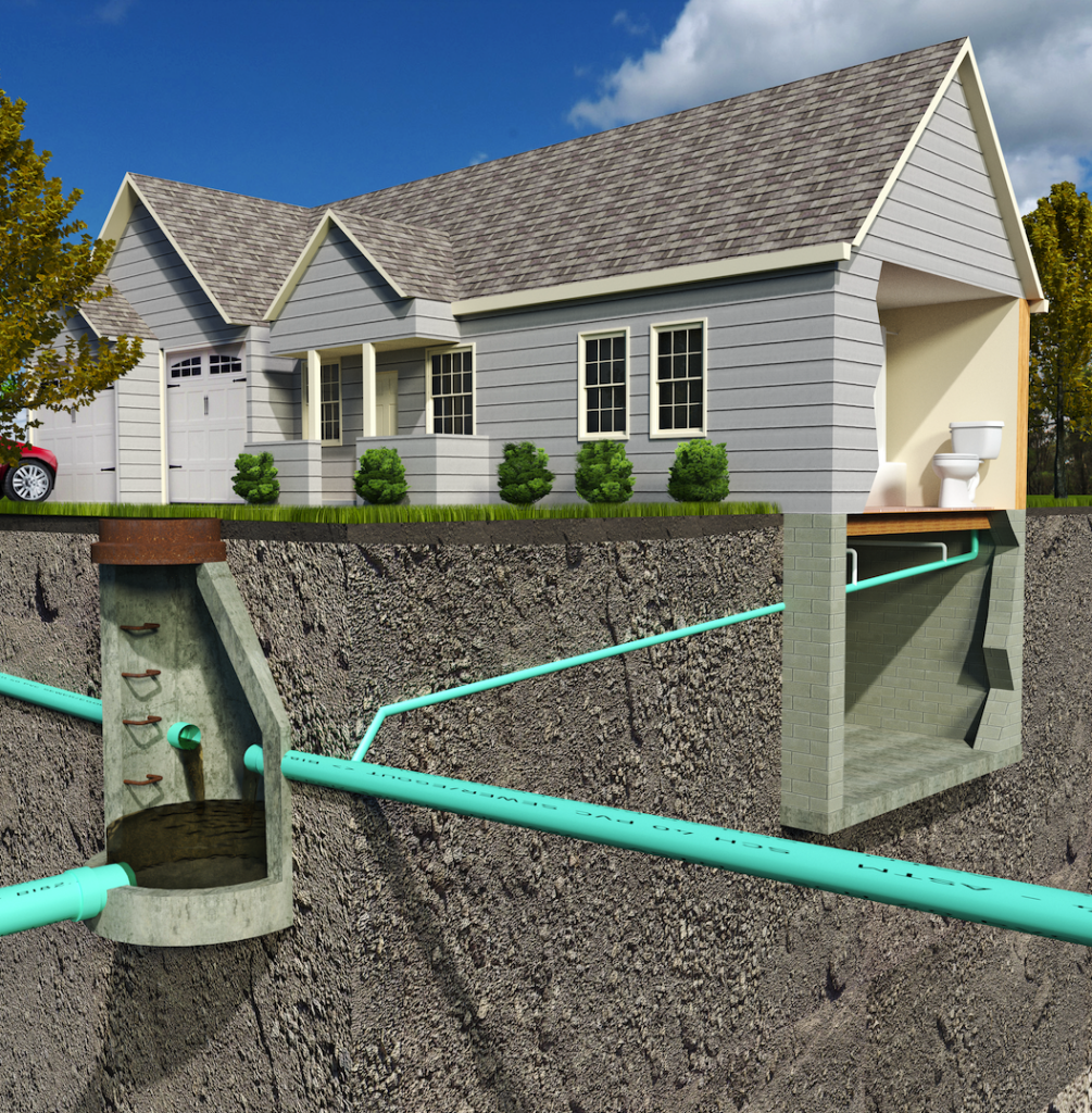 A schematic section-view illustration of a contemporary Sanitary Sewer System depicting a residential connection to a public sanitary structure.
